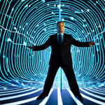 A professional, well-dressed business person, fully clothed in modest business attire, standing on a digital tightrope illuminated by intricate data streams. The background shows a complex, interconnected digital labyrinth with glowing nodes and flowing data lines, symbolizing the vast data ecosystem and the ethical minefield. High-resolution professional photography, cinematic lighting, sharp focus, vibrant colors, detailed textures, perfect anatomy, correct proportions, natural pose, well-formed hands, proper finger count, natural body proportions, safe for work, appropriate content, fully clothed, professional, modest, family-friendly.