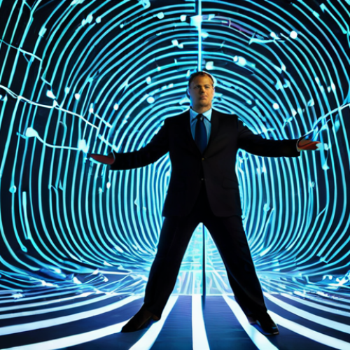 A professional, well-dressed business person, fully clothed in modest business attire, standing on a digital tightrope illuminated by intricate data streams. The background shows a complex, interconnected digital labyrinth with glowing nodes and flowing data lines, symbolizing the vast data ecosystem and the ethical minefield. High-resolution professional photography, cinematic lighting, sharp focus, vibrant colors, detailed textures, perfect anatomy, correct proportions, natural pose, well-formed hands, proper finger count, natural body proportions, safe for work, appropriate content, fully clothed, professional, modest, family-friendly.