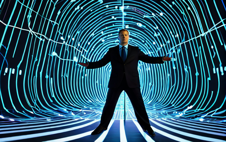 A professional, well-dressed business person, fully clothed in modest business attire, standing on a digital tightrope illuminated by intricate data streams. The background shows a complex, interconnected digital labyrinth with glowing nodes and flowing data lines, symbolizing the vast data ecosystem and the ethical minefield. High-resolution professional photography, cinematic lighting, sharp focus, vibrant colors, detailed textures, perfect anatomy, correct proportions, natural pose, well-formed hands, proper finger count, natural body proportions, safe for work, appropriate content, fully clothed, professional, modest, family-friendly.