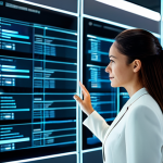 A professional woman, mid-30s, dressed in a modest, modern business suit, stands in a sleek, futuristic data control center. She is thoughtfully interacting with a glowing, transparent holographic interface displaying intricate data streams and personal data vault nodes, symbolizing user control over digital identity. The environment is clean and brightly lit, with subtle high-tech elements. Perfect anatomy, correct proportions, natural pose, well-formed hands, proper finger count, natural body proportions, safe for work, appropriate content, fully clothed, professional, high-resolution, professional photography.