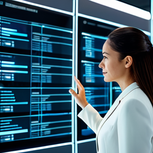 A professional woman, mid-30s, dressed in a modest, modern business suit, stands in a sleek, futuristic data control center. She is thoughtfully interacting with a glowing, transparent holographic interface displaying intricate data streams and personal data vault nodes, symbolizing user control over digital identity. The environment is clean and brightly lit, with subtle high-tech elements. Perfect anatomy, correct proportions, natural pose, well-formed hands, proper finger count, natural body proportions, safe for work, appropriate content, fully clothed, professional, high-resolution, professional photography.
