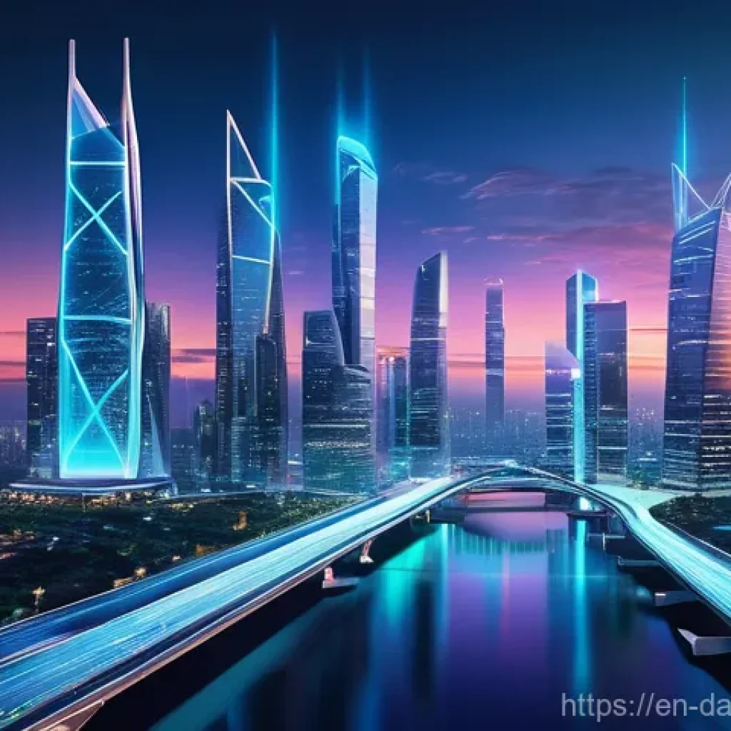 데이터 공유 생태계에서의 API 활용 사례 - **"The Digital Connectors"**: A futuristic cityscape at dusk, where towering, distinct digital 'isla...