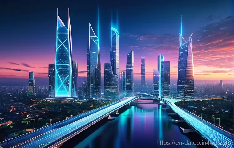 데이터 공유 생태계에서의 API 활용 사례 - **"The Digital Connectors"**: A futuristic cityscape at dusk, where towering, distinct digital 'isla...