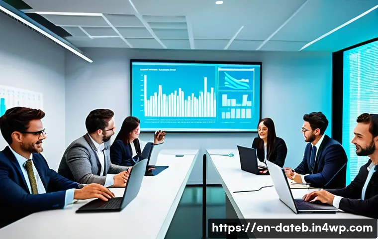 데이터 공유 생태계의 가치 창출 전략 - **Prompt:** A brightly lit, modern office scene. Several professionals are gathered around a large i...