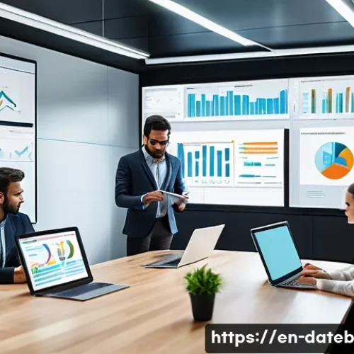 Home 32 데이터 공유 생태계의 변화 관리 전략 - A modern corporate office scene showing a diverse team of professionals collaborating around a large...