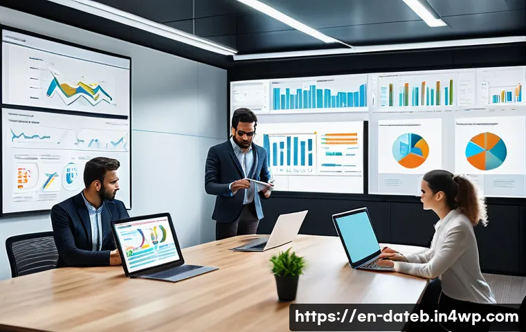 데이터 공유 생태계의 변화 관리 전략 - A modern corporate office scene showing a diverse team of professionals collaborating around a large...