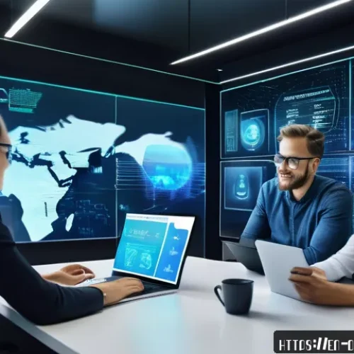 Home 31 데이터 공유 생태계의 시장 분석 - A futuristic corporate office scene showcasing a diverse team of professionals collaborating around ...
