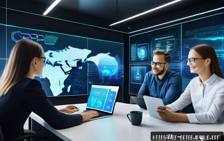 데이터 공유 생태계의 시장 분석 - A futuristic corporate office scene showcasing a diverse team of professionals collaborating around ...