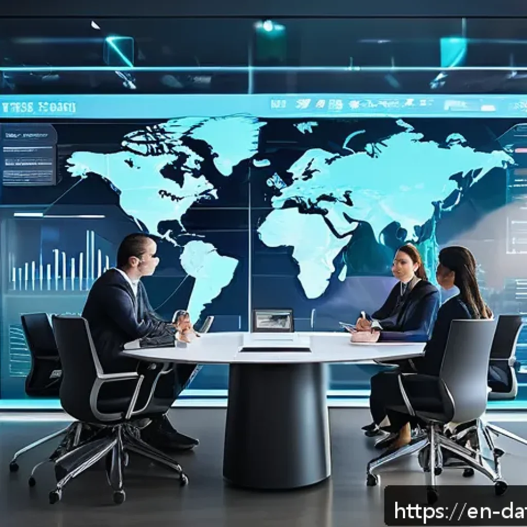 데이터 공유 생태계의 도전과제 - A futuristic corporate meeting room with diverse professionals gathered around a large digital touch...