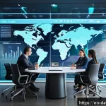 Home 18 데이터 공유 생태계의 도전과제 - A futuristic corporate meeting room with diverse professionals gathered around a large digital touch...