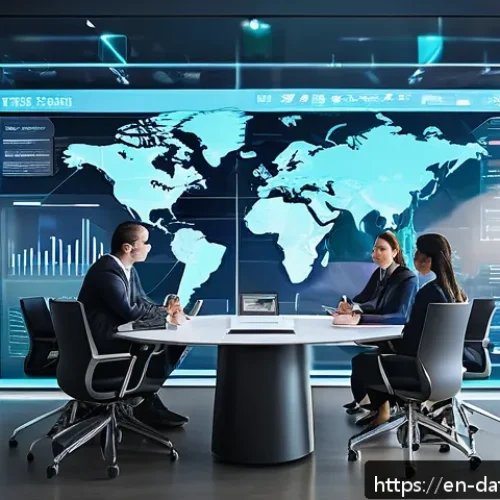 Home 30 데이터 공유 생태계의 도전과제 - A futuristic corporate meeting room with diverse professionals gathered around a large digital touch...