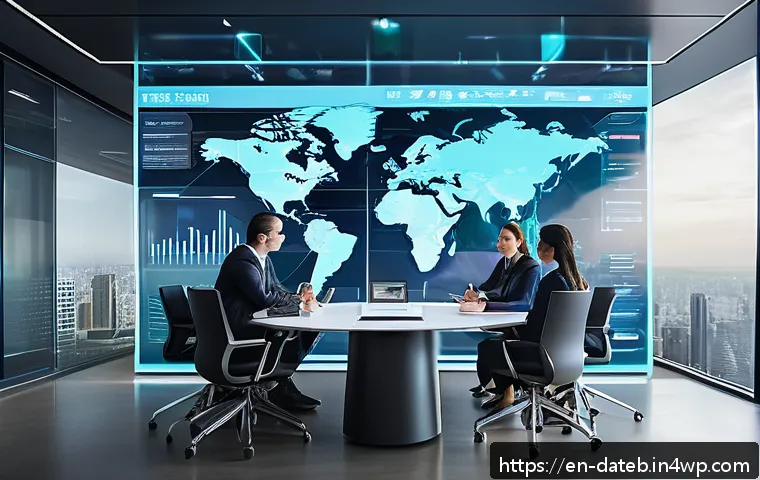 데이터 공유 생태계의 도전과제 - A futuristic corporate meeting room with diverse professionals gathered around a large digital touch...