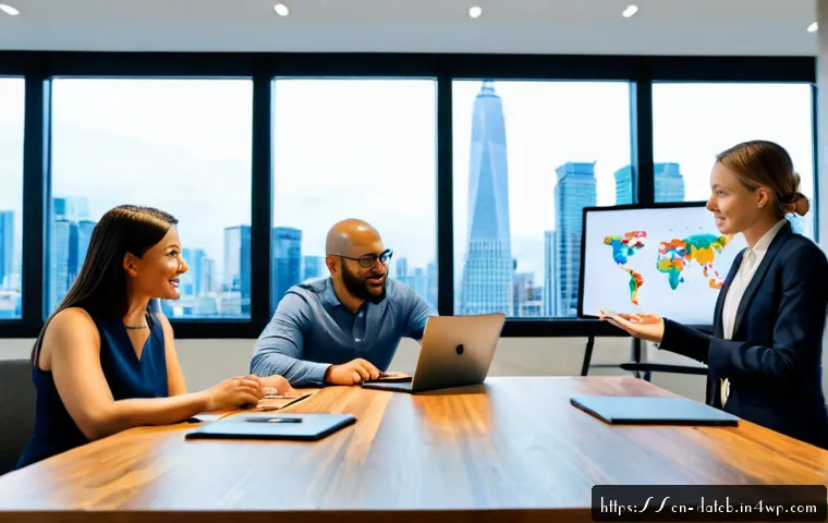 Home 17 데이터 공유 생태계의 데이터 마케팅 전략 - Photorealistic modern business strategy meeting in a bright American coworking office, diverse marke...